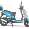 A blue scooter with a silver back and seat.