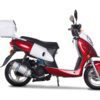 A red scooter with white back and seat.